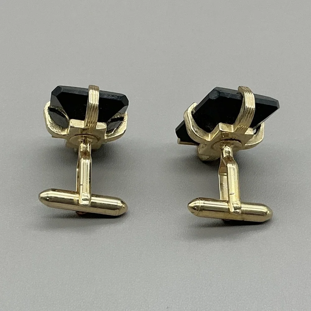 Vintage Mens Cufflinks Gold Tone Black Intaglio Figure Stone Bullet Back Jewelry